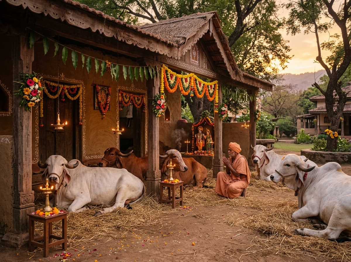 सायंकालीन गोधूलि वेळेत गोशाळेतील दीपदान व शांतता