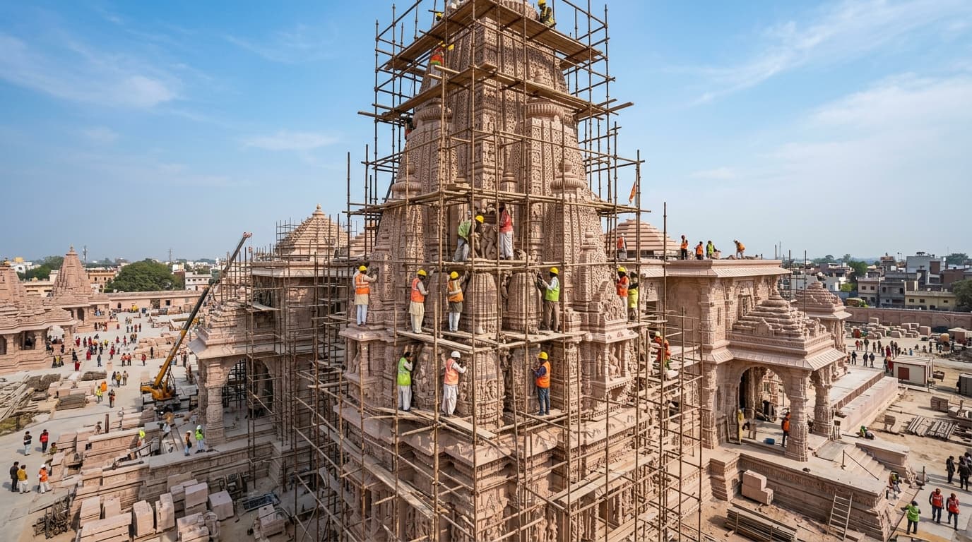 श्री राधा-माधव मंदिराच्या ८१ फूट मुख्य घुमटाचे पाषाण बांधकाम